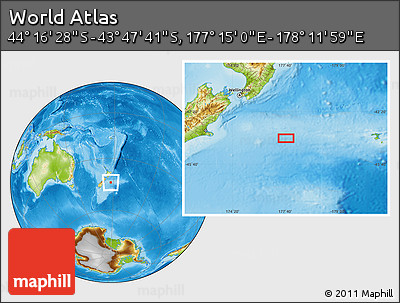 Physical Location Map of the Area around 44° 2' 4" S, 177° 43' 29" E