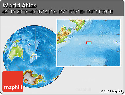 Physical Location Map of the Area around 44° 2' 4" S, 177° 43' 29" E