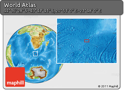Physical Location Map of the Area around 44° 2' 4" S, 21° 19' 30" E