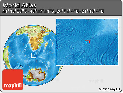 Physical Location Map of the Area around 44° 2' 4" S, 21° 19' 30" E