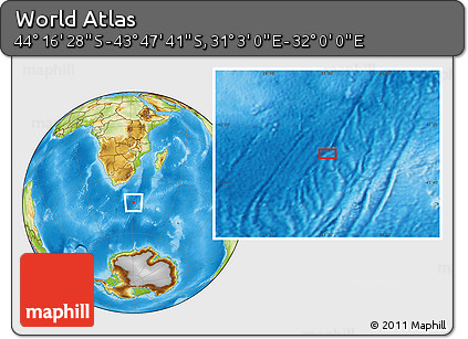 Physical Location Map of the Area around 44° 2' 4" S, 31° 31' 29" E
