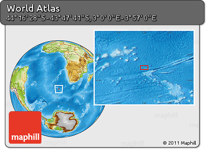Physical Location Map of the Area around 44° 2' 4" S, 3° 28' 30" E
