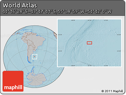 Gray Location Map of the Area around 44° 2' 4" S, 55° 10' 29" W, hill shading