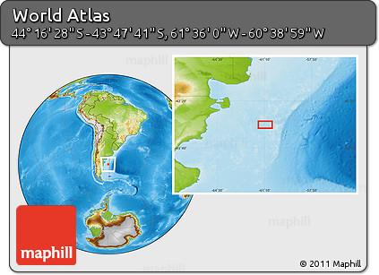 Physical Location Map of the Area around 44° 2' 4" S, 61° 7' 30" W