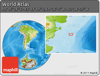 Physical Location Map of the Area around 44° 2' 4" S, 61° 7' 30" W