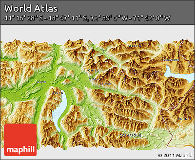 Physical 3D Map of the Area around 44° 2' 4" S, 72° 10' 30" W
