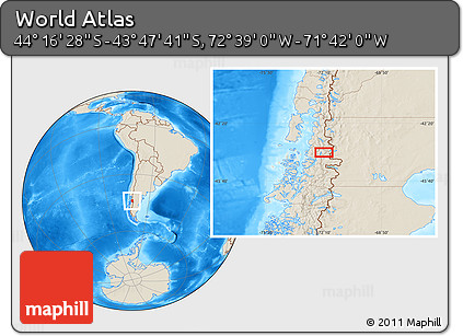 Shaded Relief Location Map of the Area around 44° 2' 4" S, 72° 10' 30" W