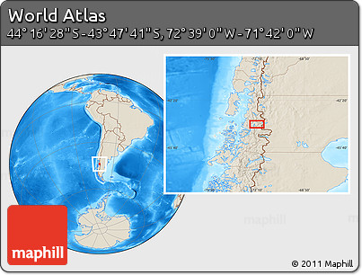Shaded Relief Location Map of the Area around 44° 2' 4" S, 72° 10' 30" W