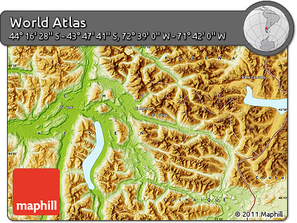Physical Map of the Area around 44° 2' 4" S, 72° 10' 30" W