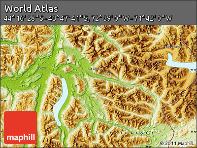 Physical Map of the Area around 44° 2' 4" S, 72° 10' 30" W