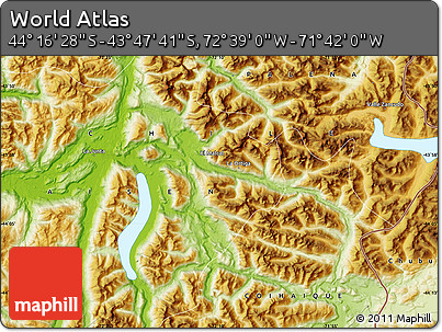 Physical Map of the Area around 44° 2' 4" S, 72° 10' 30" W