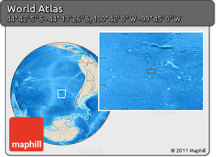 Shaded Relief Location Map of the Area around 44°&nbsp;27'&nbsp;46"&nbsp;S,&nbsp;100°&nbsp;13'&nbsp;29"&nbsp;W