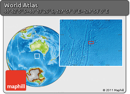 Physical Location Map of the Area around 44° 27' 46" S, 128° 25' 30" E