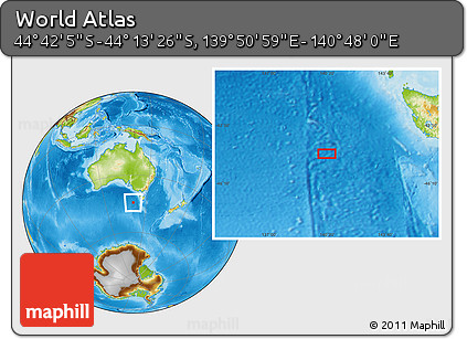 Physical Location Map of the Area around 44° 27' 46" S, 140° 19' 29" E