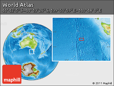 Physical Location Map of the Area around 44° 27' 46" S, 140° 19' 29" E