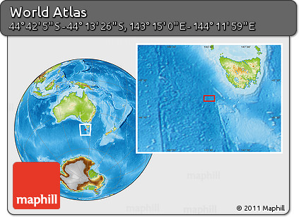 Physical Location Map of the Area around 44° 27' 46" S, 143° 43' 29" E
