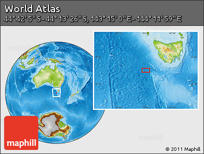 Physical Location Map of the Area around 44° 27' 46" S, 143° 43' 29" E