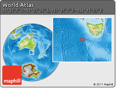 Physical Location Map of the Area around 44° 27' 46" S, 143° 43' 29" E