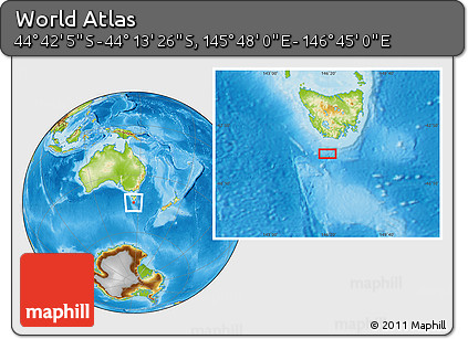 Physical Location Map of the Area around 44° 27' 46" S, 146° 16' 30" E
