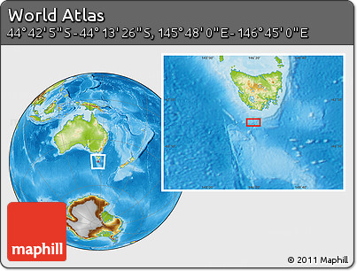 Physical Location Map of the Area around 44° 27' 46" S, 146° 16' 30" E