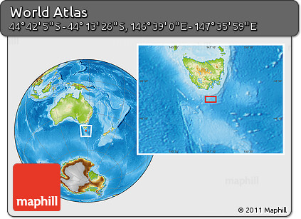 Physical Location Map of the Area around 44° 27' 46" S, 147° 7' 30" E