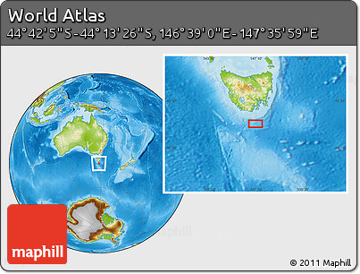 Physical Location Map of the Area around 44° 27' 46" S, 147° 7' 30" E