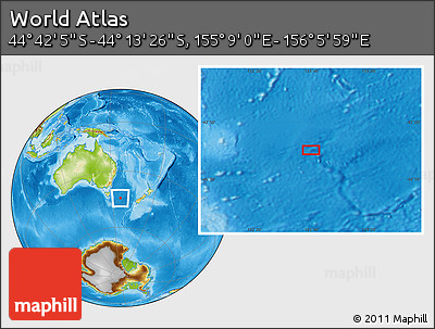Physical Location Map of the Area around 44° 27' 46" S, 155° 37' 30" E