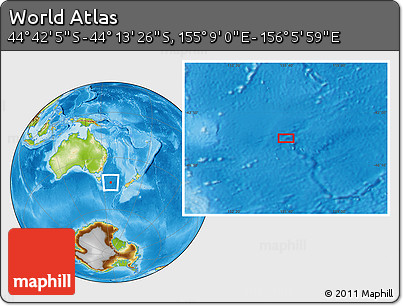 Physical Location Map of the Area around 44° 27' 46" S, 155° 37' 30" E