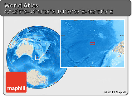 Shaded Relief Location Map of the Area around 44° 27' 46" S, 162° 25' 30" E