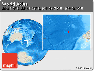 Shaded Relief Location Map of the Area around 44° 27' 46" S, 162° 25' 30" E