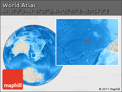Shaded Relief Location Map of the Area around 44° 27' 46" S, 162° 25' 30" E