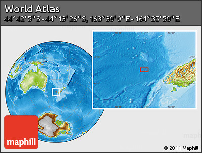 Physical Location Map of the Area around 44° 27' 46" S, 164° 7' 30" E