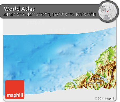 Physical 3D Map of the Area around 44° 27' 46" S, 167° 31' 30" E