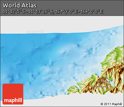 Physical 3D Map of the Area around 44° 27' 46" S, 167° 31' 30" E
