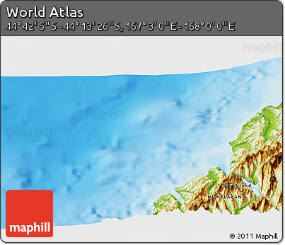 Physical 3D Map of the Area around 44° 27' 46" S, 167° 31' 30" E