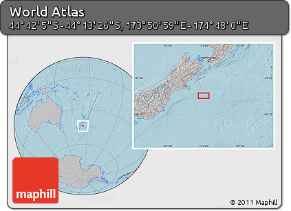 Gray Location Map of the Area around 44° 27' 46" S, 174° 19' 29" E, hill shading