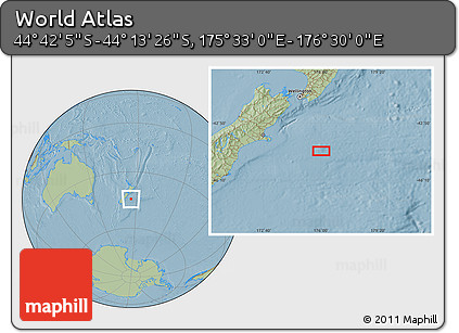 Savanna Style Location Map of the Area around 44° 27' 46" S, 176° 1' 30" E, hill shading