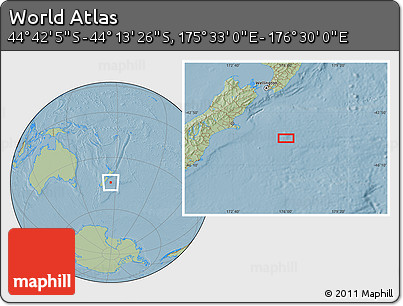 Savanna Style Location Map of the Area around 44° 27' 46" S, 176° 1' 30" E, hill shading