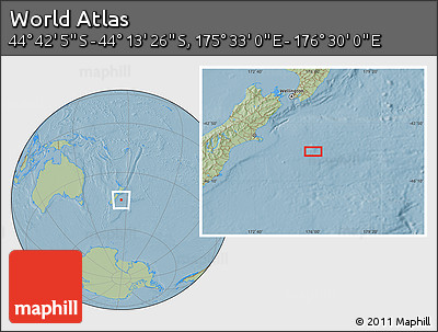 Savanna Style Location Map of the Area around 44° 27' 46" S, 176° 1' 30" E, hill shading