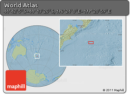 Savanna Style Location Map of the Area around 44° 27' 46" S, 176° 52' 30" E, hill shading