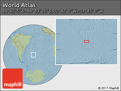 Savanna Style Location Map of the Area around 44° 27' 46" S, 32° 13' 30" W, hill shading
