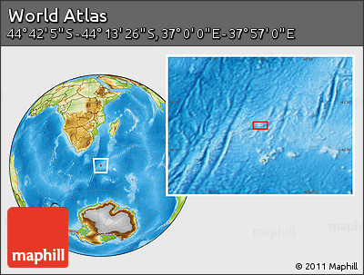 Physical Location Map of the Area around 44° 27' 46" S, 37° 28' 30" E