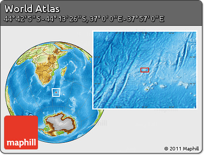 Physical Location Map of the Area around 44° 27' 46" S, 37° 28' 30" E