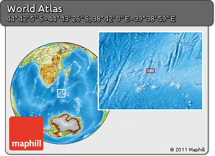 Physical Location Map of the Area around 44° 27' 46" S, 39° 10' 29" E