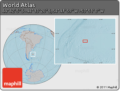 Gray Location Map of the Area around 44° 27' 46" S, 54° 19' 30" W, hill shading