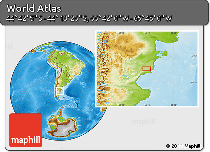 Physical Location Map of the Area around 44° 27' 46" S, 66° 13' 29" W
