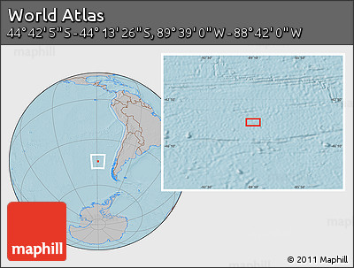 Gray Location Map of the Area around 44° 27' 46" S, 89° 10' 30" W, hill shading