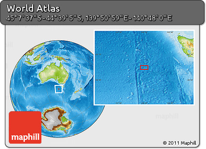 Physical Location Map of the Area around 44° 53' 21" S, 140° 19' 29" E