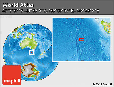 Physical Location Map of the Area around 44° 53' 21" S, 140° 19' 29" E
