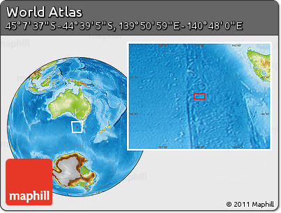 Physical Location Map of the Area around 44° 53' 21" S, 140° 19' 29" E